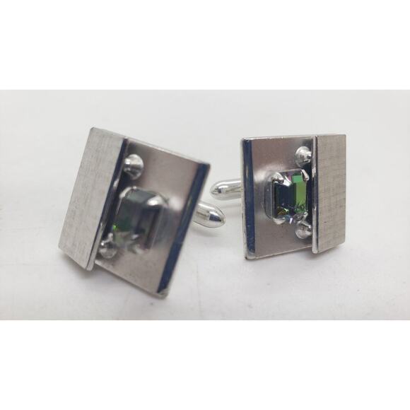 Vintage Cufflinks Swank Silver Rivoli Rainbow Rhinestone Cuff Links 1960s - Picture 8 of 9